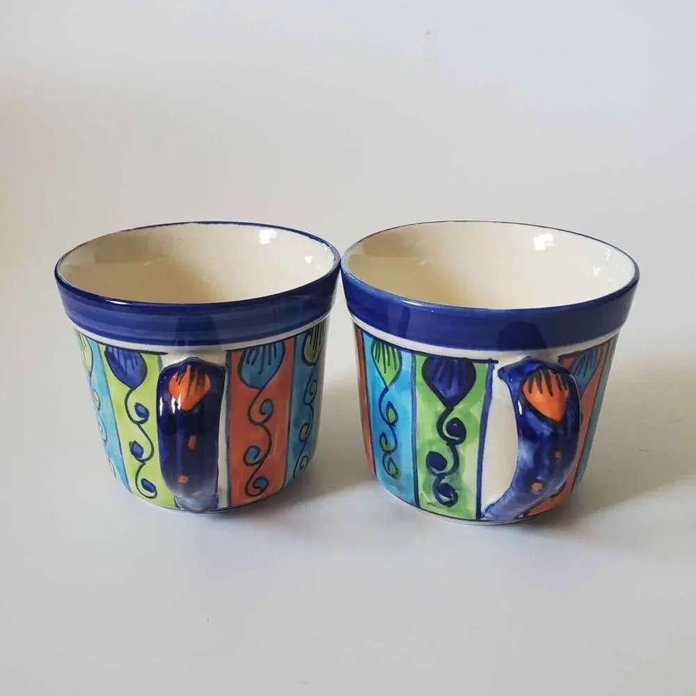 Pier 1 Hand Painted Large Stoneware Mugs Pair 16oz Multicolor Made‎ in India